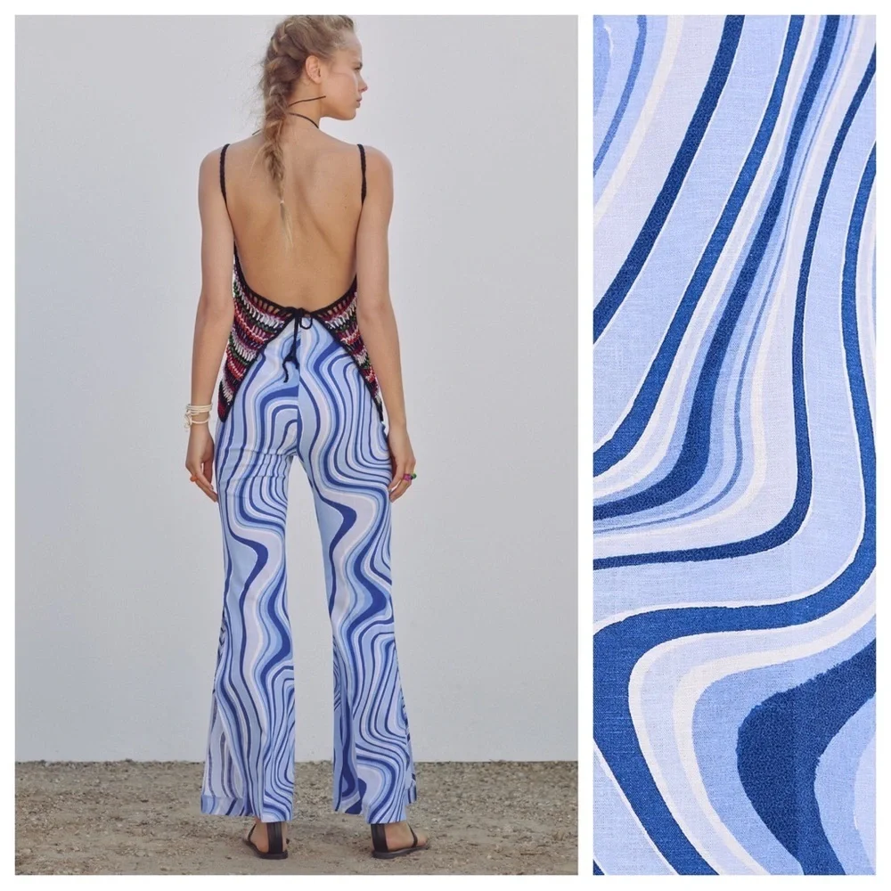 NWT. Zara Blue Linen Blend Printed Pants with Slits. Size M.